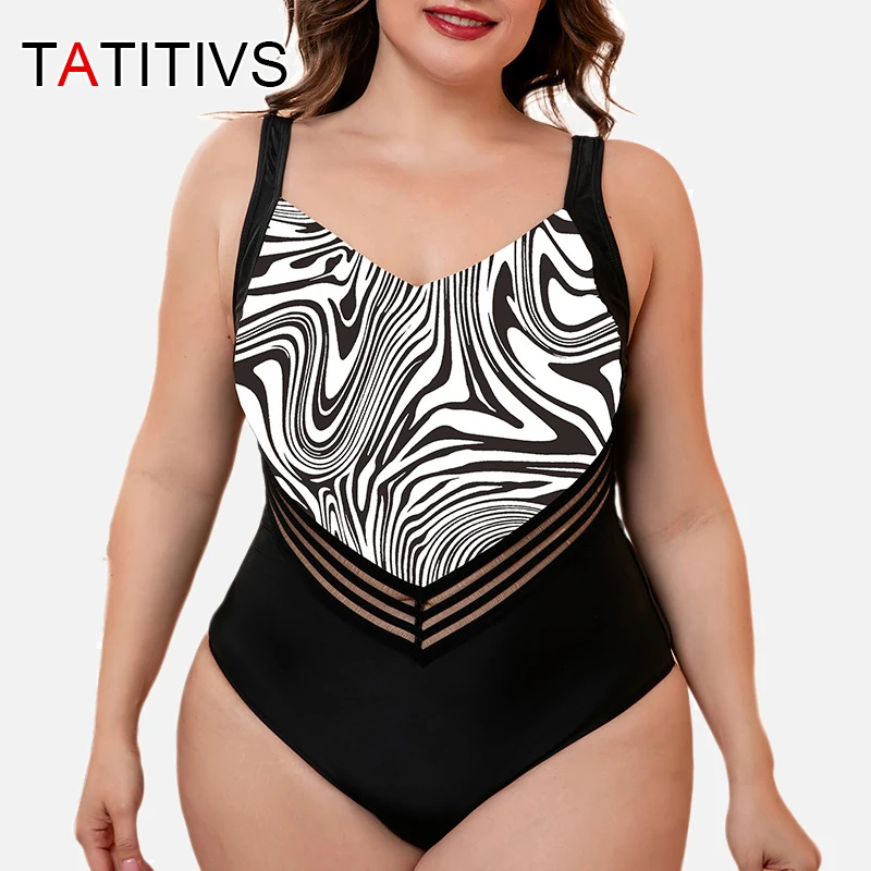 

TATITIVS Sexy Print V Neck One Piece Swimsuit for Women OverSize Swimwear Bathing Suit Summer Bodysuit Monokini Beach Wear
