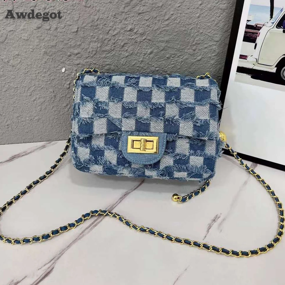 

Small Denim Crossbody Chain Bag Checkerboard Shoulder Bag Female Spring Designer Purse Women's Handbag 2022 Trend Flap Bags