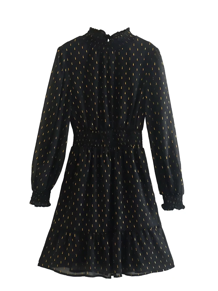 

YENKYE New Women Vintage Print Black Chiffon Dress Elastic Waist Long Sleeve Female Spring Short Vestido