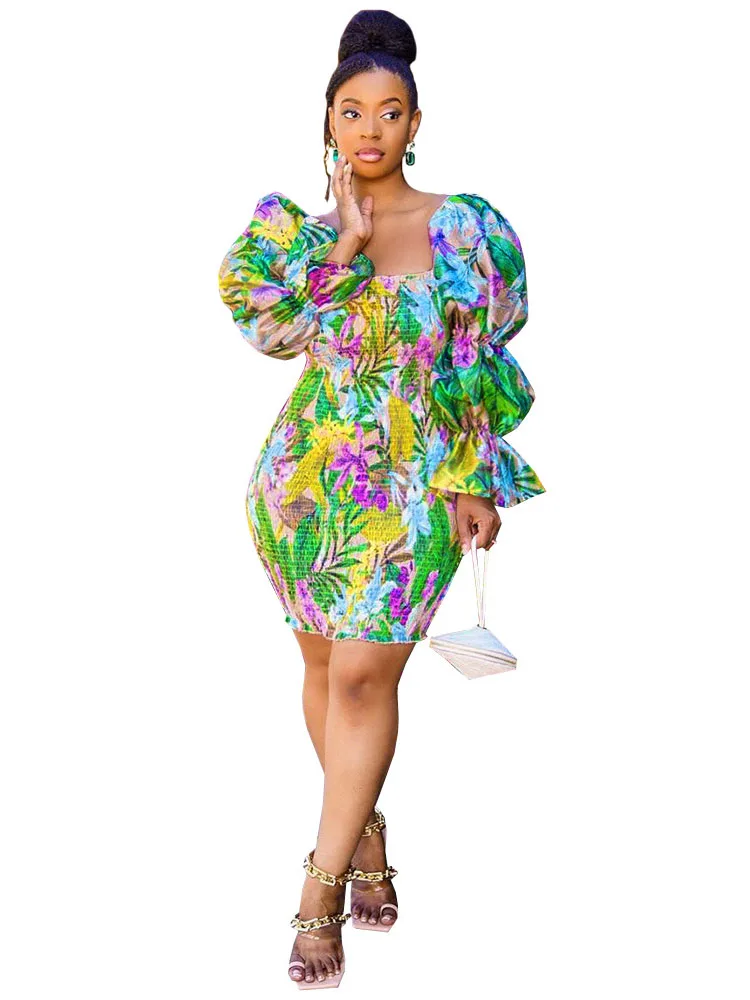 

Szkzk Sexy Print Bodycon Mini Dress Women Club Wear Outfits Puff Sleeve Square collar Night Club Party Tight short dresses