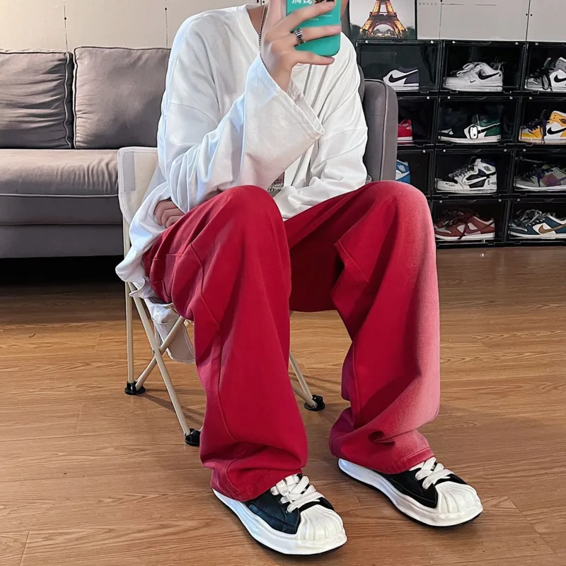 Black Red Baggy Jeans Men Fashion Casual Wide Leg Jeans Men Japanese Streetwear Hip Hop Loose Straight Denim Pants Mens Trousers