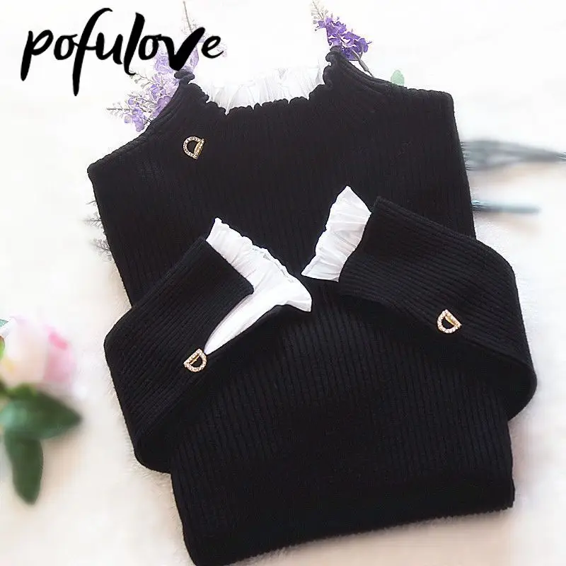 Sweater Women's Turtleneck Lace Ruffle Pullover Women's Trumpet Sleeve Top Solid Color Knitwear Trending Sweater Autumn Winter