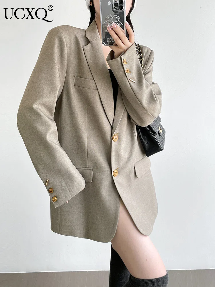 

Женский однобортный Блейзер UCXQ, свободный пиджак с отложным воротником, офисные костюмы, пальто, Новинка осени 2023, 23A4359
