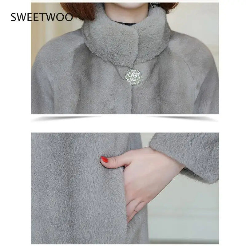 Winter Faux Mink Fleece Fur Coat Women Midi Stand Collar Faux Fur Jacket Thick Warm Loose Female Elegant Parka Outwear Plus 2022