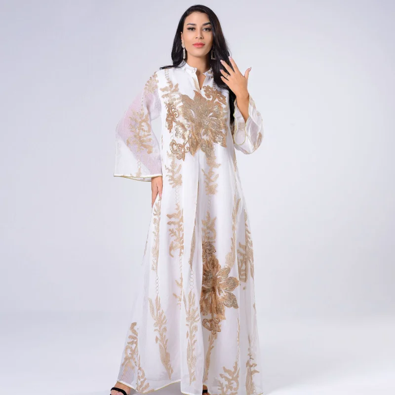 Middle East New Gold Sequin Embroidery Yarn Muslim Women Jalabiya Dubai Arab Eid Al-Fitr Abaya Light Luxury Ladies Party Dress
