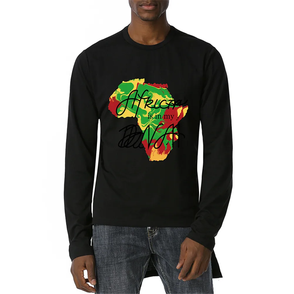 

Men Top Retro Fashion Irregular Hem Men's Long-sleeved T-shirt Africa Map Loose Dark Short-sleeved T-shirt Pullover Loose