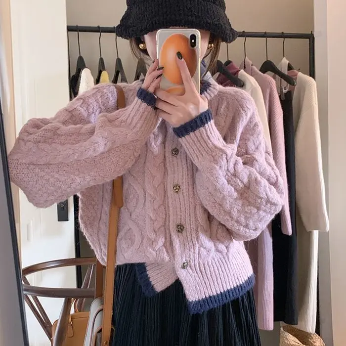 

Korean Twisted Knitted Women Sweater Elegant Stylish Soft Cardigan Tops Long Sleeve O-neck Vintage Fashion Chic Jumper A126