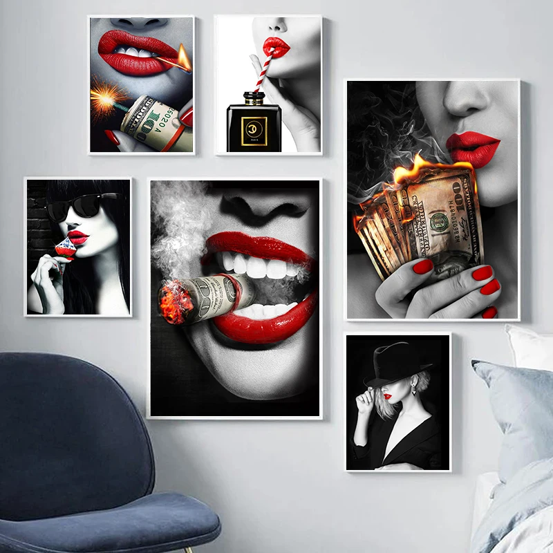 

Modern Red Lips Smoking Woman Canvas Painting Burning Dollars Money Poster and Print Wall Art Picture for Living Room Home Decor
