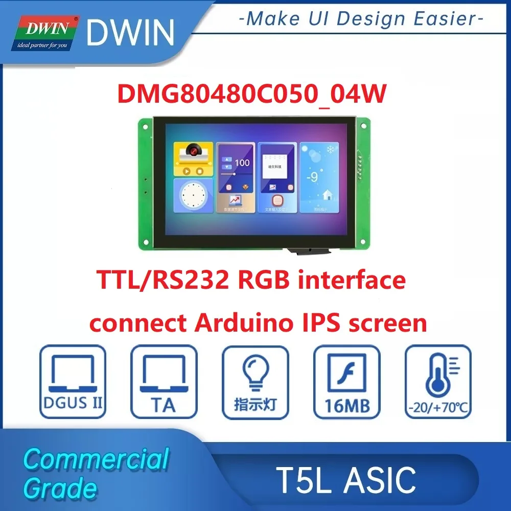 

Коммерческий класс DWIN. 5,0 дюймовый TFT ЖК-дисплей, 800*480 262K цвета, IPS экран, Aruino Сенсорная панель HMI, RGB, TTL/RS232,