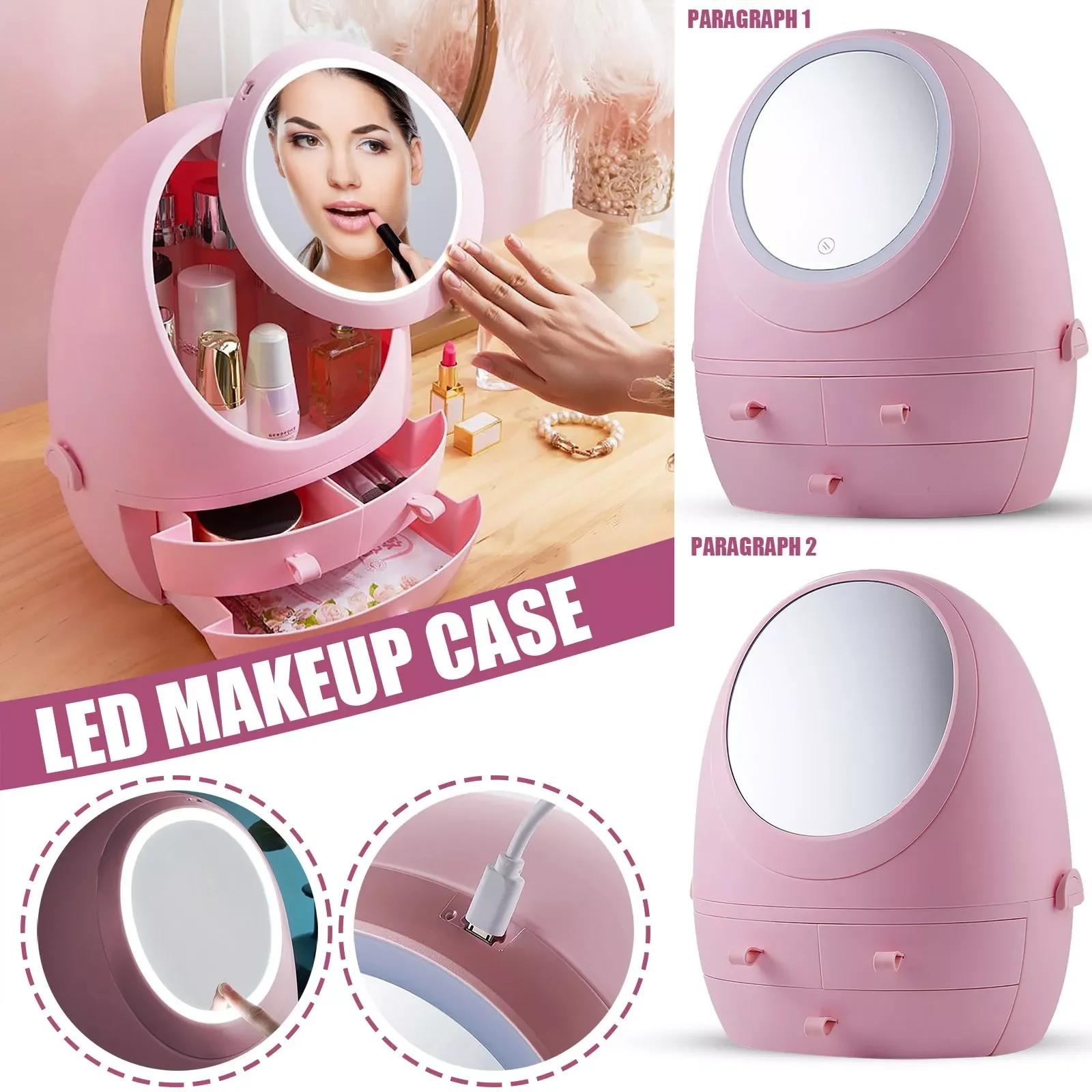 

Duvet Storage Cosmetic Organizer LED Box Drawer USB Storage Mirror Makeup Charging Portable Zipper Closet