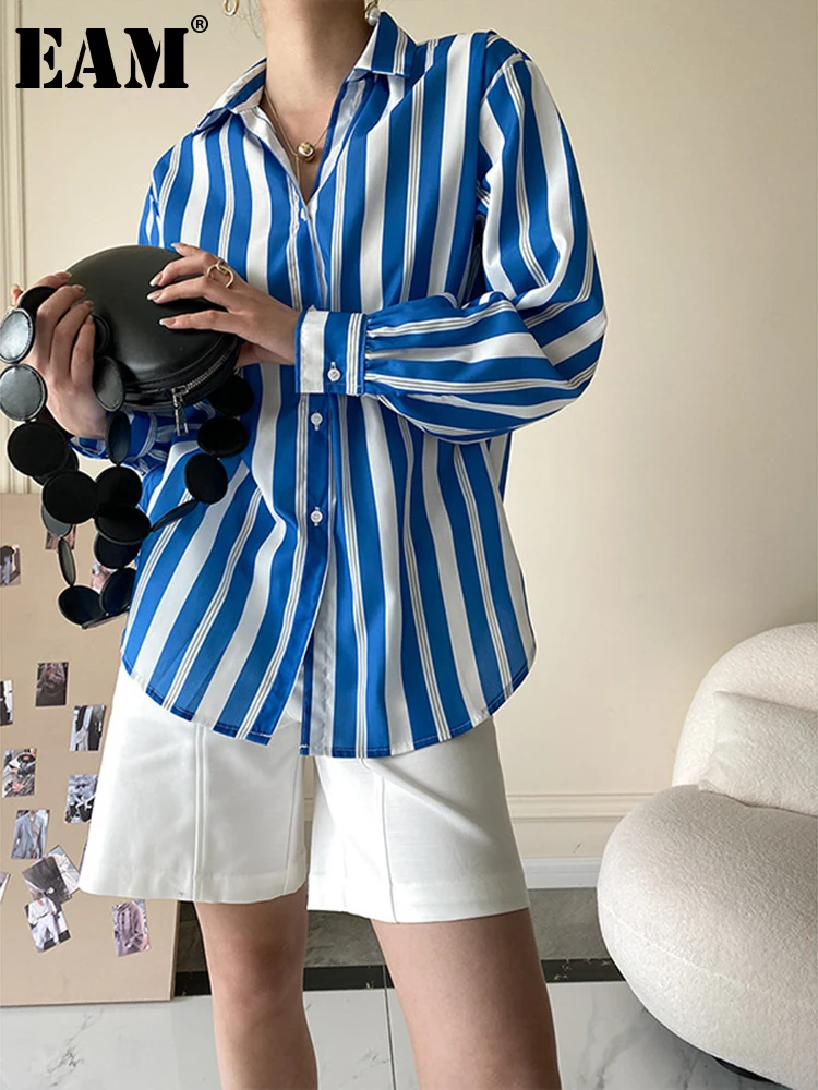 

[EAM] Women Blue Striped Casual Big Size Blouse New Lapel Long Sleeve Loose Fit Shirt Fashion Tide Spring Autumn 2022 1DE8838