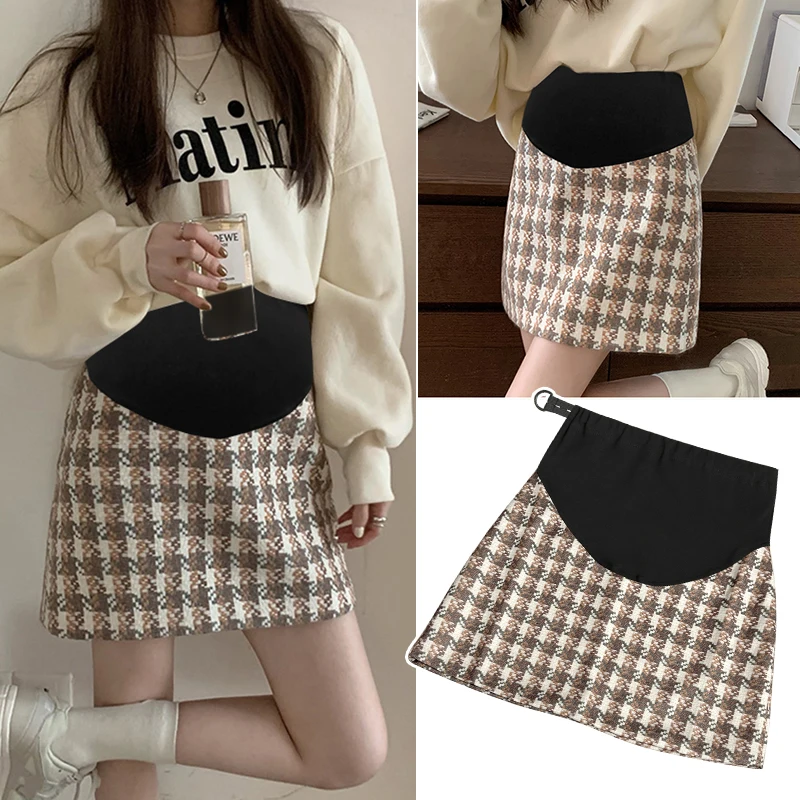 

1023# Vintage Hot Plaid Woolen Maternity Shorts Autumn Winter Belly Pencil Skirts Clothes for Pregnant Women A Line Pregnancy