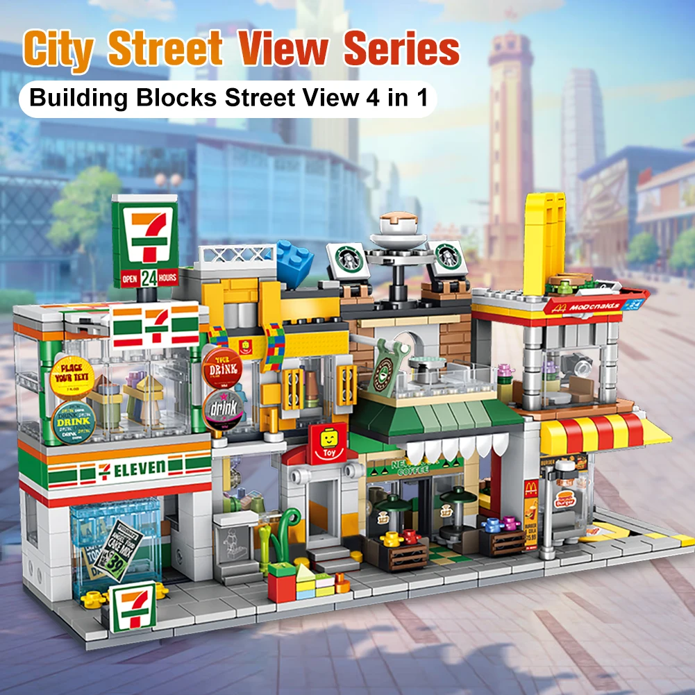 

BZDA Mini City Street View 4 In1 Coffee Shop Convenience Store Model Building Block Architecture Friends Brick Toy For Children