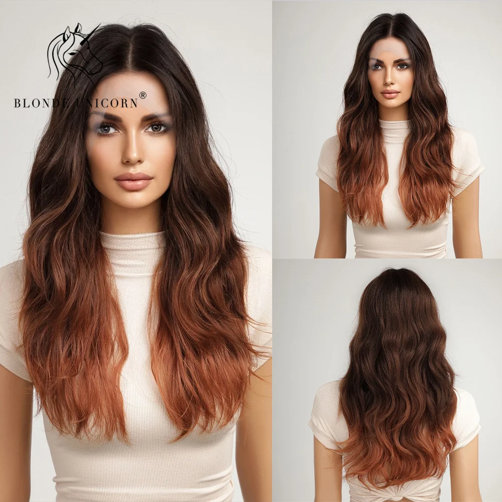 

Blonde Unicorn Lace Front Ombre Brown Copper Red Wavy Synthetic Wig for Black White Women Daily Party Cosplay Use Heat Resistant