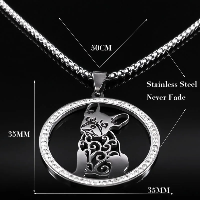 Французский бульдог чихуахуа пудель собака хрустальное ожерелье из нержавеющей стали серебряного цвета украшение для женщин.