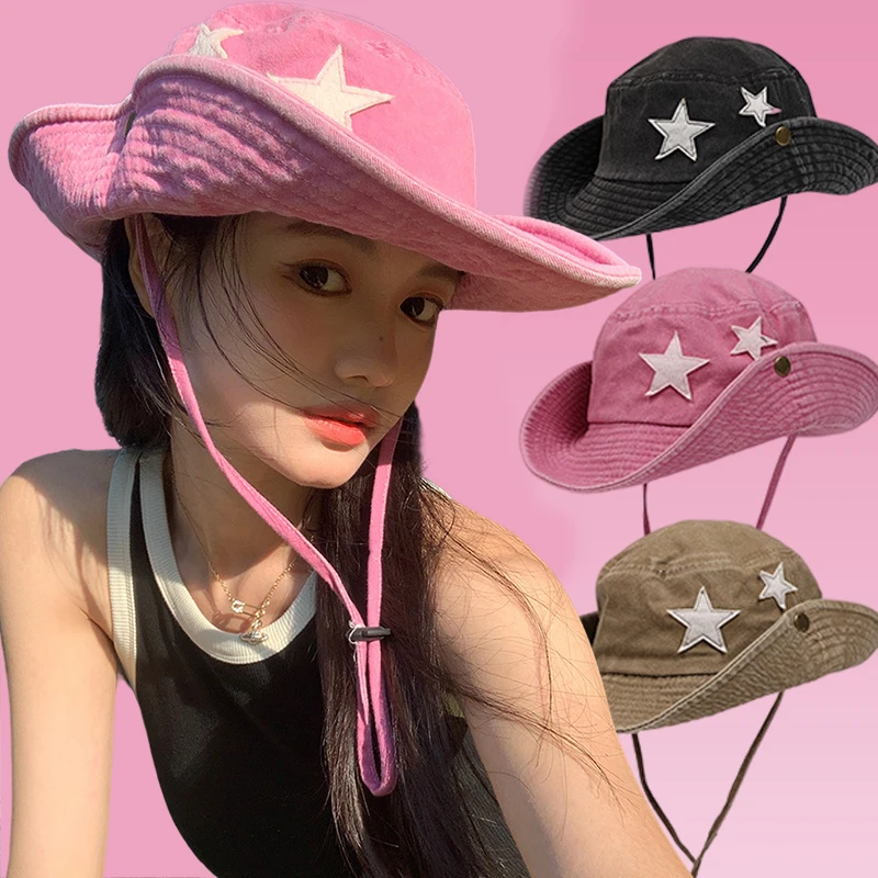 

Pink Stars Retro Y2K Punk Bucket Hats Women Big Brim Sun Protection Mountaineering Cap Spring and Summer Outdoor Men's Hat