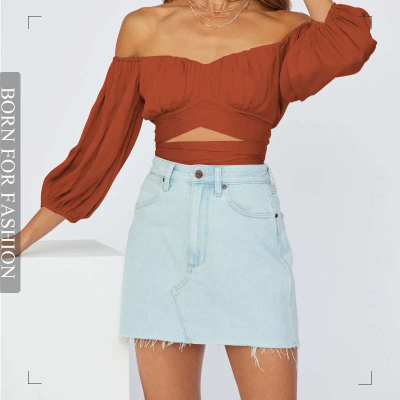 

2023 Women's Clothing Summer Leisure Three Quarter Sleeves Slash Neck Lantern Sleeve Lace Hollow Out Ultrashort Chiffon Shirt