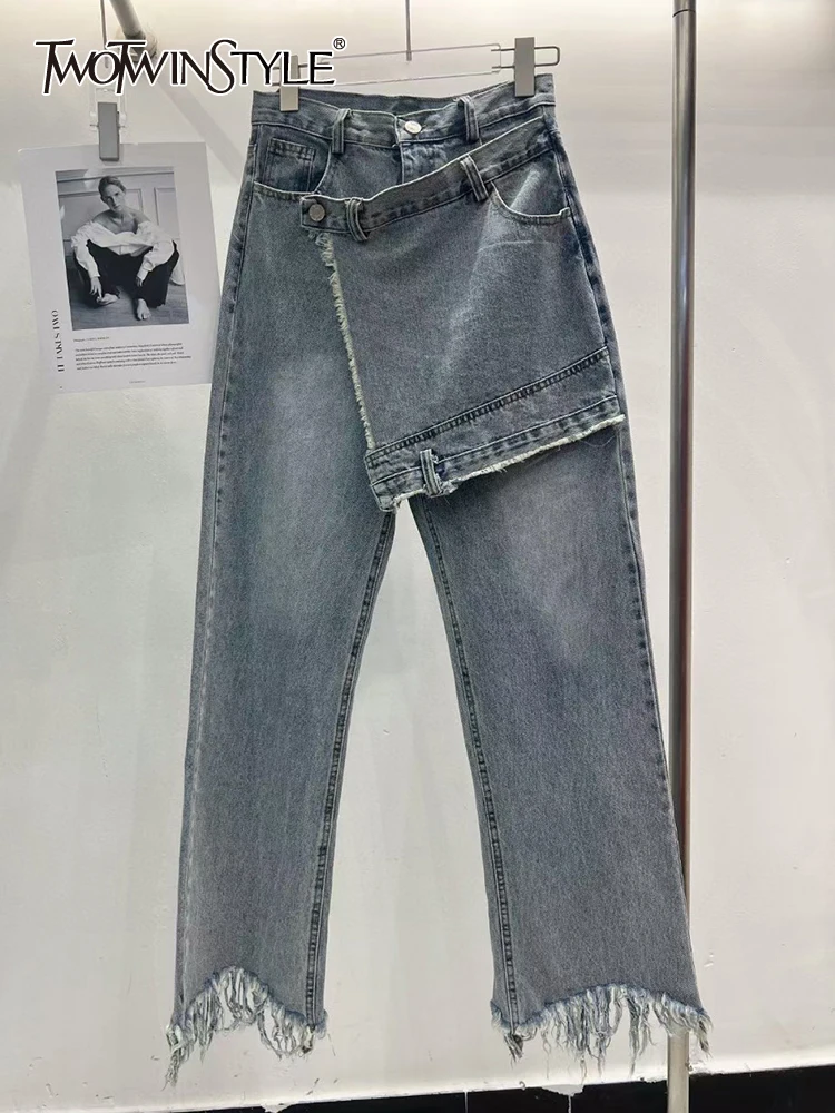 

Женские широкие брюки TWOTWINSTYLE, лоскутные, имитация двух частей, с высокой талией, однотонные, минималистичные, женские джинсы в Корейском стиле, модная одежда