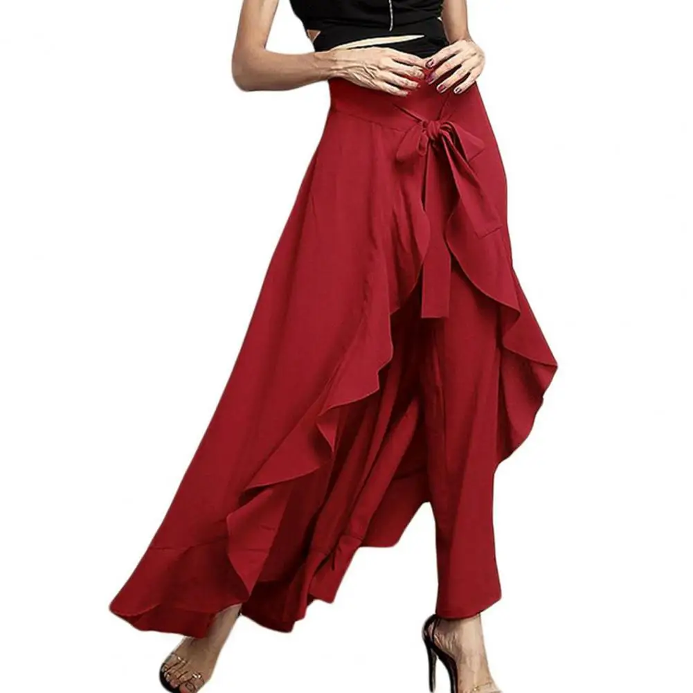 

Women Pants Skirt High Waist Ruffle Patchwork Irregular Hem Split Hem Lace Up Ankle Length Dance Party Loose Hem Maxi Skirt