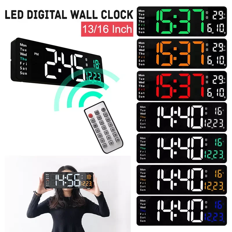 

Wall-mounted Digital Wall Clock Remote Control Temp Date Week Display Power Off 13/16 Inch Large LED Display Table Clocks