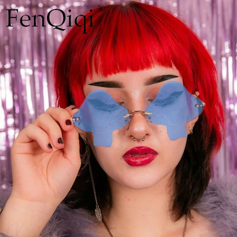 

Женские солнцезащитные очки без оправы, брендовые дизайнерские фиолетовые, розовые солнцезащитные очки без оправы в форме грибов, 2022