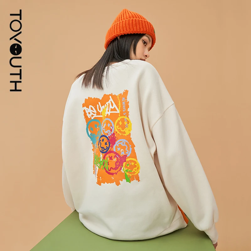 

Toyouth Women Sweatshirts Autumn Winter O Neck Loose Hoodies Slit Back Graffiti Smiley Print Cotton Lined Casual Chic Pullovers