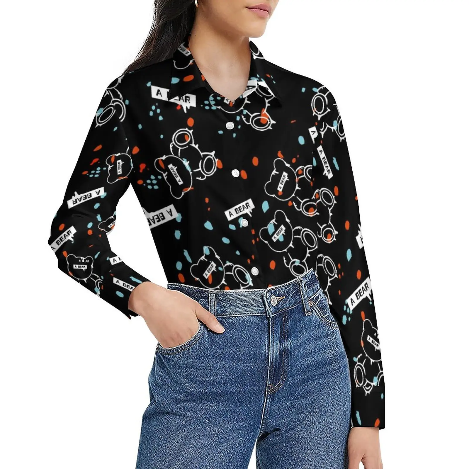 

Cute Bear Loose Blouse Blue Red Dots Print Streetwear Oversize Blouses Womens Long Sleeve Modern Shirt Autumn Graphic Top