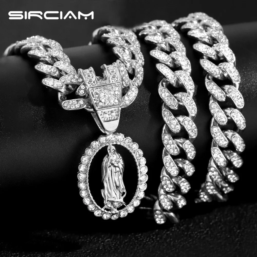 

Iced Out Religious Virgin Mary Portrait Pendant Necklaces With 13mm Miami Cuban Link Chain Necklace Punk Link Chain New Jewelry