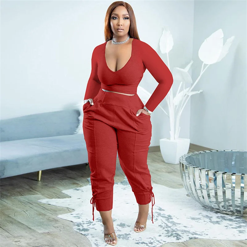 5xl Plus Size Sets For Women Solid Shirt And Bandage Pencil Pants 2022 Autumn Two Piece Set Fashion Sweatshirt Wholesale Clothes