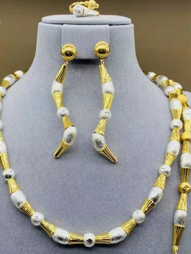 Фото Новинка: Ювелирный набор из бамбуковых бусин с позолотой 18K, 3 предмета (колье, серьги, кольцо), роскошные украшения для женщин на свадьбу или вечеринку. №1
