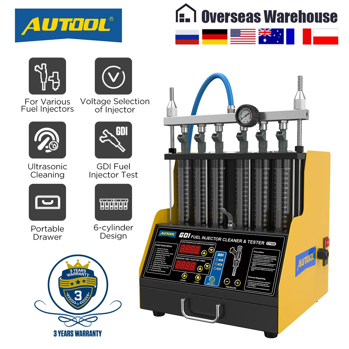 AUTOOL CT400 GDI EFI FEI Fuel Injector Cleaner & Tester Machine 6 Cylinders Fuel Injector Cleaner Tester for Car & Motorcycle