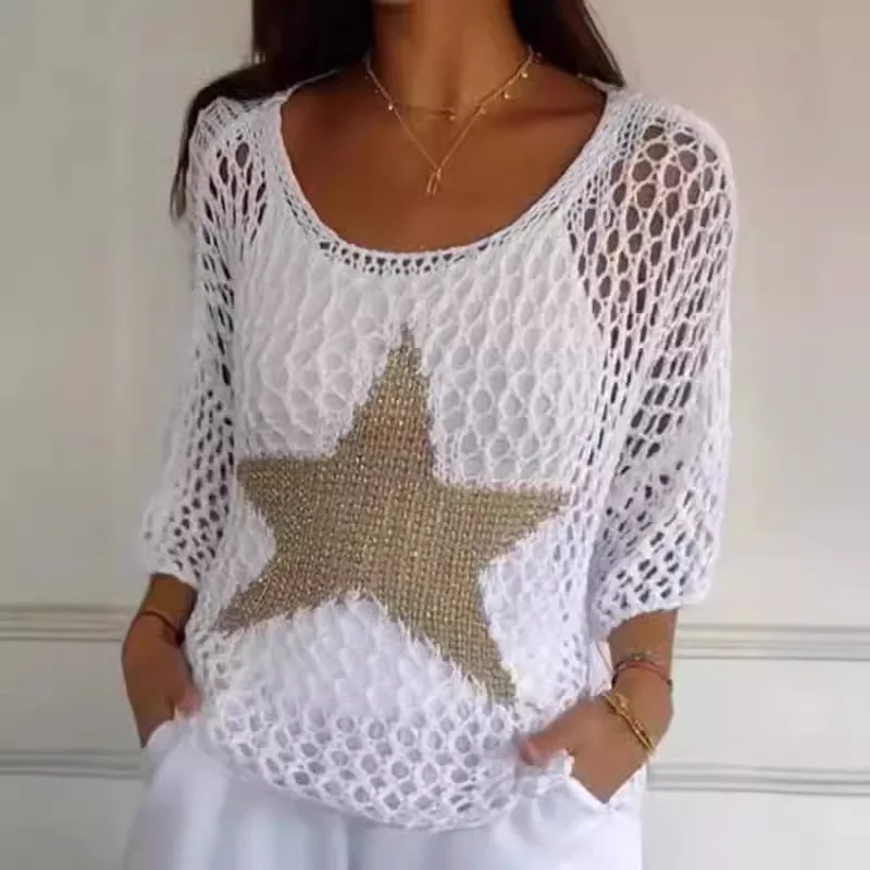 Women Fishnet Pullover Crochet Blouse Stylish Women's Tops O-neck Knit V-neck for Fashionable