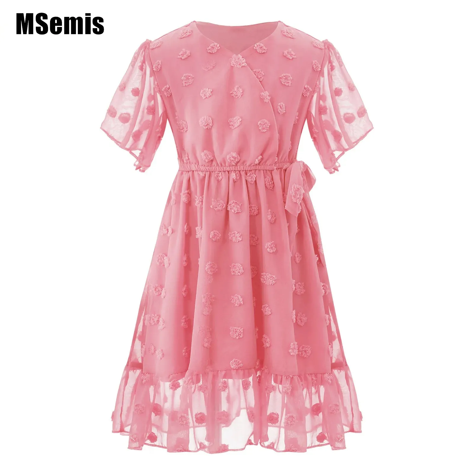 

Kids Girls Stylish Dot Ruffle Sundress V Neck Short Sleeve Double-Layer Swing Dress for Party Casual