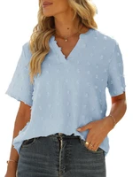 womens jacquard v neck short sleeve solid wool ball chiffon tops shirt for summer