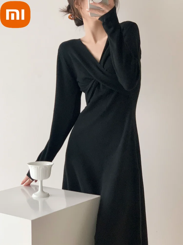 

XIAOMI Korean Elegant One-piece Dress Women Knitted France Vintage Evening Party Midi Dress Black Casual Dress Autumn Winter