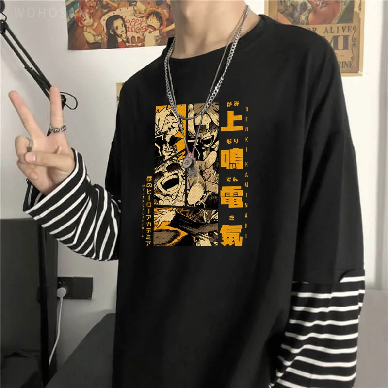 

Fashion Japanese Anime My Hero Academia Striped T-Shirt Top Men Women Harajuku Manga Kaminari Denki Graphics Long Sleeve T Shirt