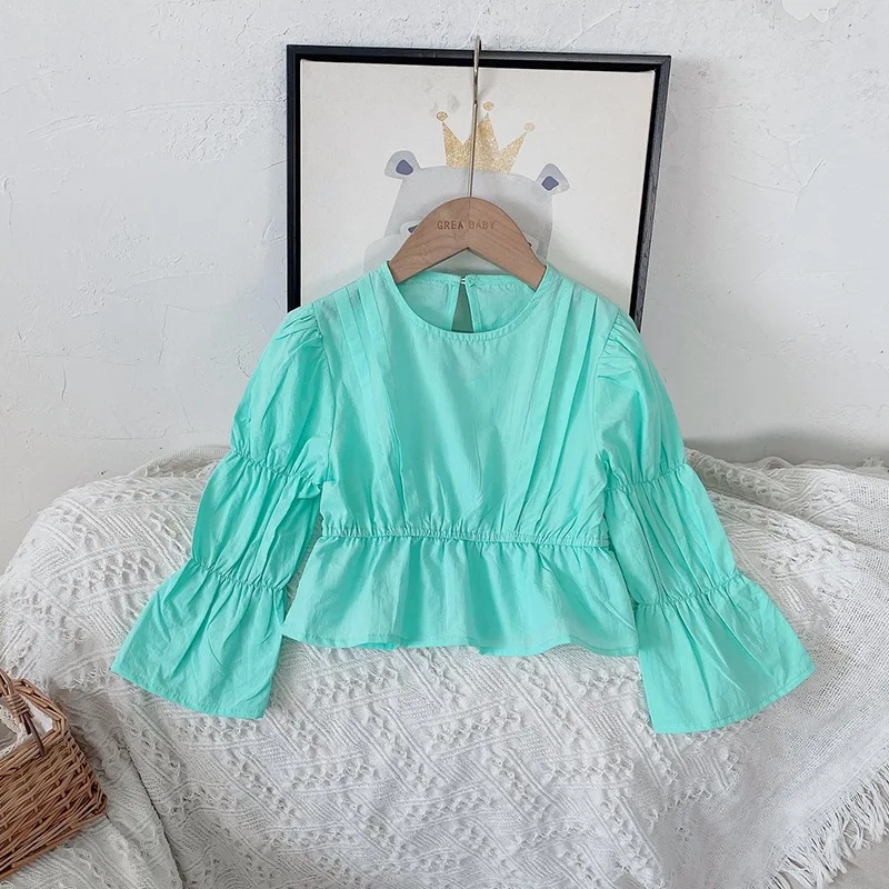 

Spring Summer Baby Girls Blouse Solid Cotton Kids Top Round Collar Fashion Long Sleeve Toddler Shirts Children Clothes Girl