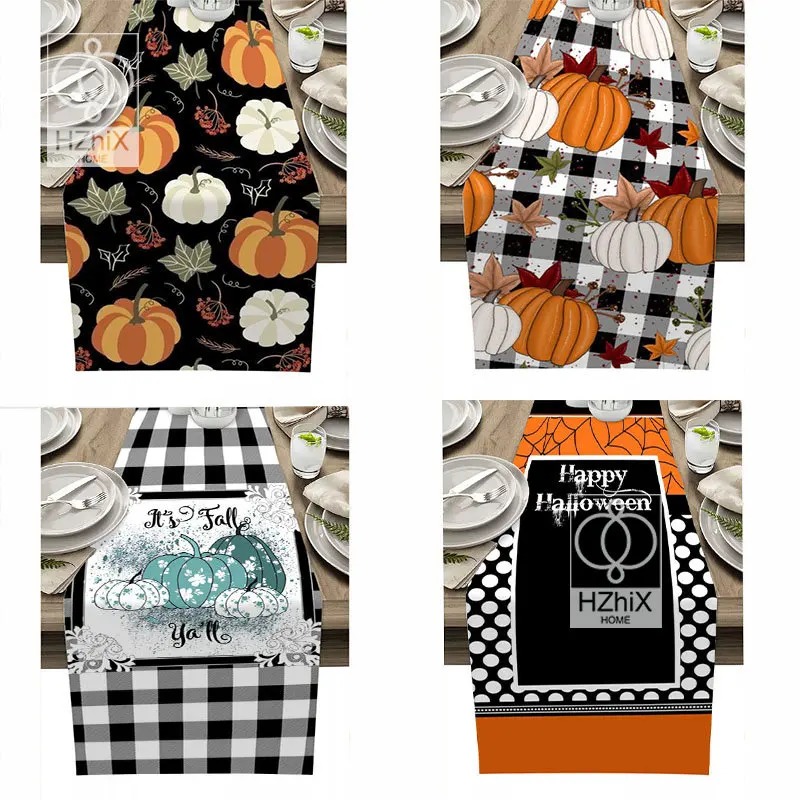 

Autumn Pumpkin Plaid Table Runner Waterproof for Halloween Christmas Family Dining Table Decoration Hotel Wedding Tablecloths