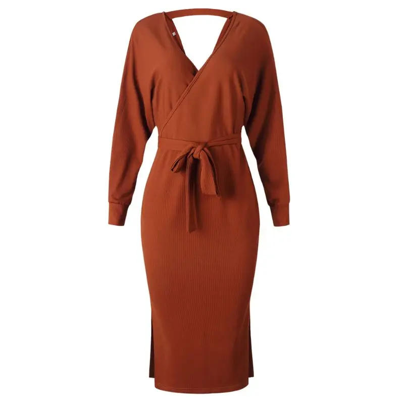 

2019 Autumn Women Knitted Sweater Dress Wrap Belted Tunic Midi Dresses Long Slee 10CD