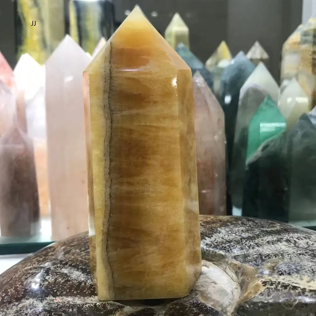 

Natural Yellow calcite columns, single pointed pillar, Reiki Healing crystal stone home decorated high quality stones sphere