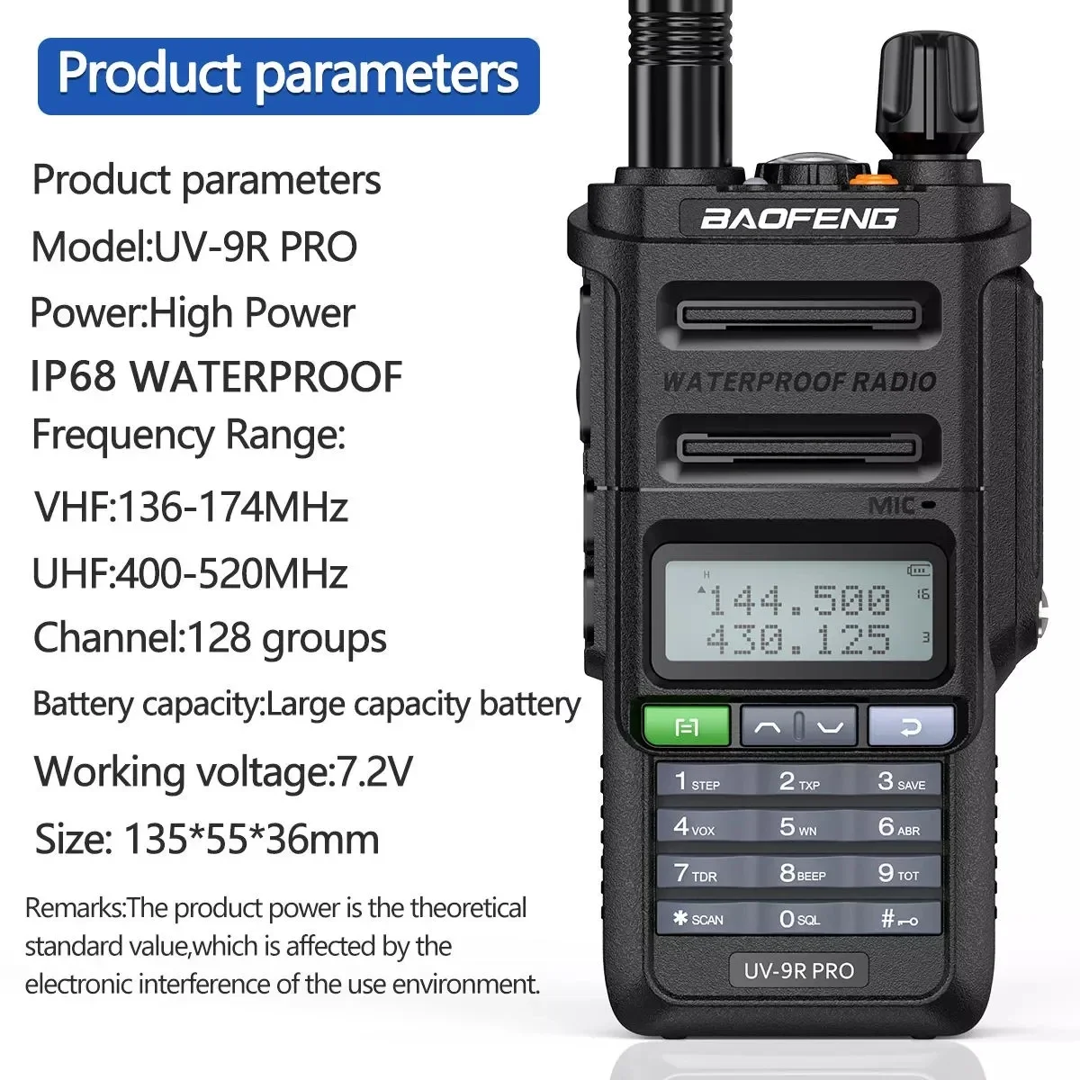 Фото Водонепроницаемая рация Baofeng UV-9R PRO, двусторонняя радиостанция BAOFENG UV-9R, двухдиапазонная портативная рация 8 Вт, черная, IPX7, 8 Вт №2