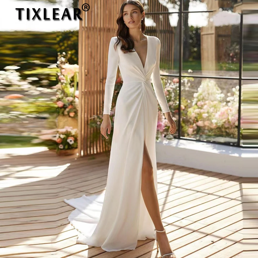 

TIXLEAR Elegant Mermaid Side Split Wedding Dress Satin Long Sleeves Bridal Gown Fashion Open Back Vestidos De Novia Ankle-Lengt