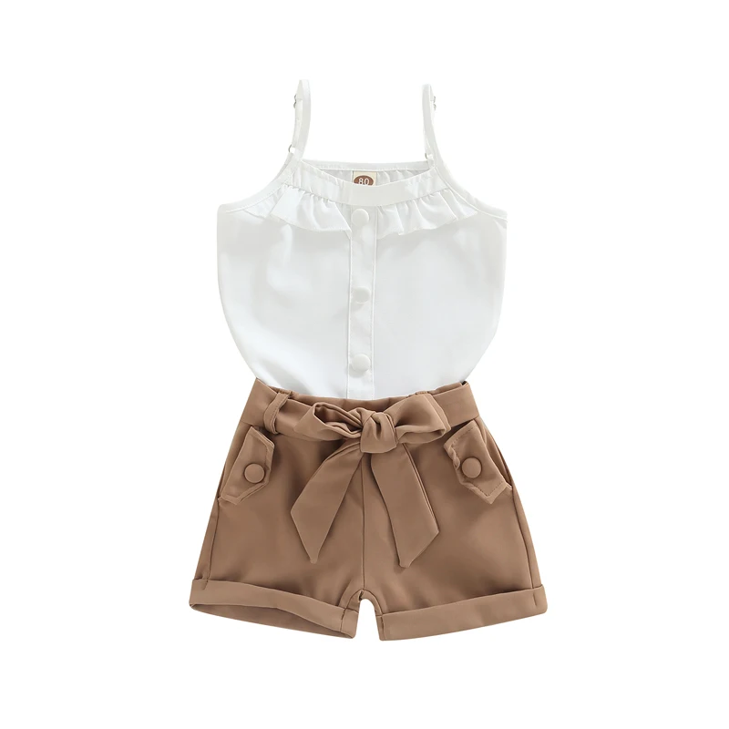 

2022, повседневный однотонный костюм для девочек, топы на бретельках без рукавов с оборками, свободные дизайнерские комплекты детской одежды