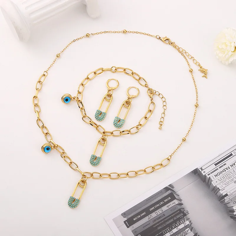 

MANDI Evil Eye Blue Natural Stone Set Brooch Pendant Jewelry Set for Women 18k Gold Plated Earrings Bracelet Necklace Sets