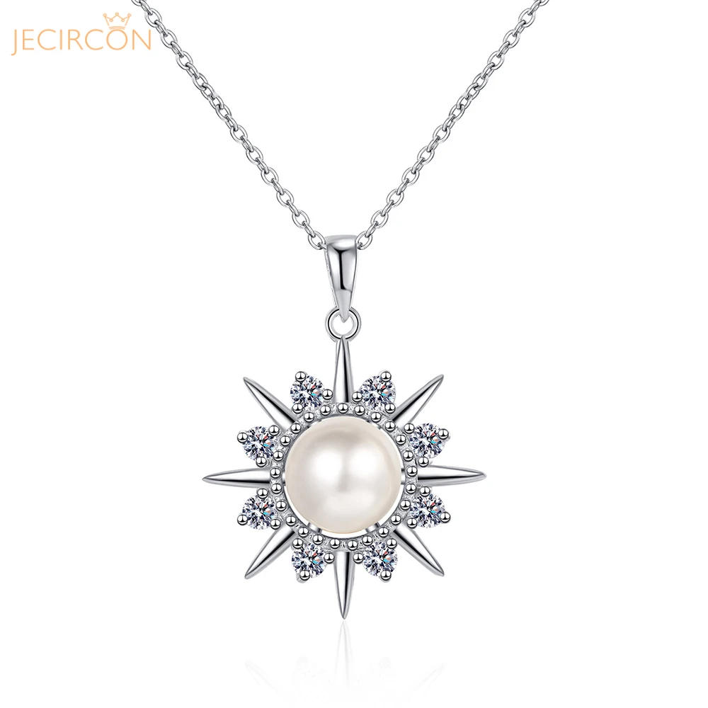 

JECIRCON 925 Sterling Silver Necklace for Women 9MM Natural Freshwater Pearl 0.32ct Moissanite Sunflower Pendant 18K White Gold