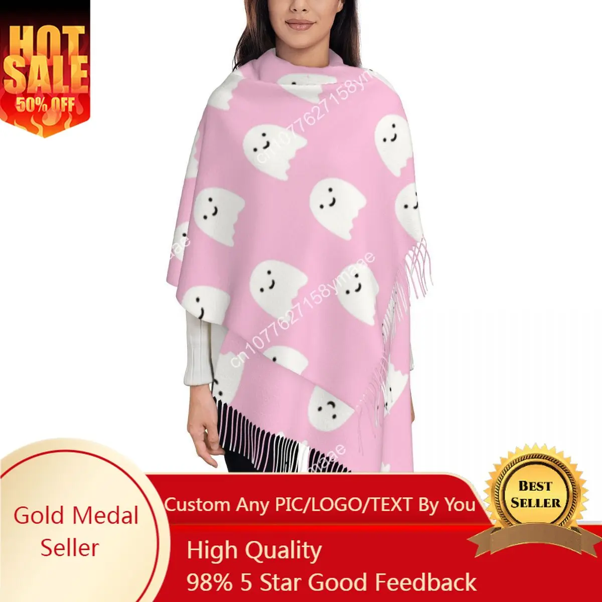 

Pink Ghosts Pattern Scarf for Womens Winter Fall Reversible Shawl Wrap Cute Halloween Long Large Shawl Scarf for Daily Wear