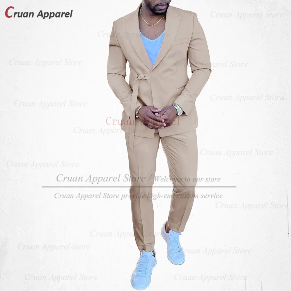 Latest Designs Khaki Wedding Men Suit Set Slim Fit Elegant Royal Blue Singer Stage Party Tuxedo Casual Belt Blazer Pants 2Pcs