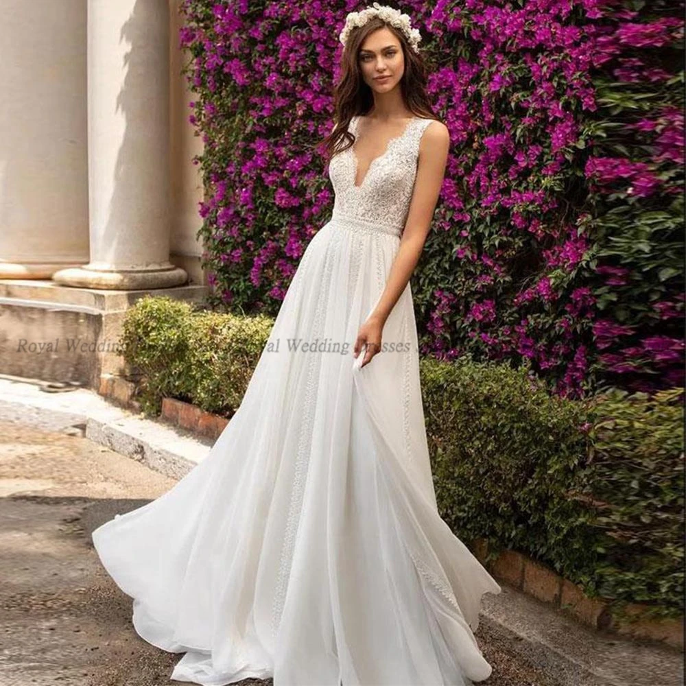 

High Quality A Line Wedding Dresses Applique Draped Tulle Handmade Flower Open Back V Neck 2022 Floor Length Gowns Robe De Ma