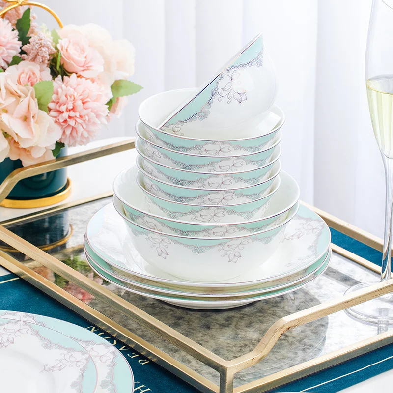 

28Pcs Combination Jingdezhen Bone China Tableware Ceramic Bowl And Plates Set Household European Light Luxury Dinner Plate