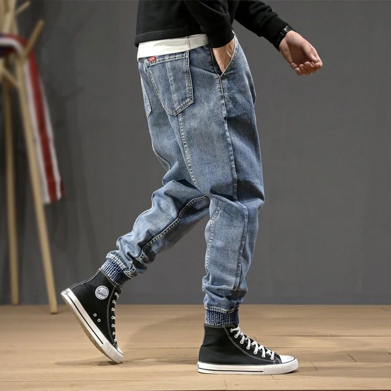 Streetwear Fashion Men Jeans Retro Light Blue Loose Fit Casual Denim Cargo Pants Hombre Spliced Designer Hip Hop Joggers Men